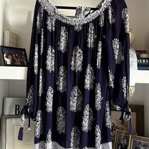 Faithfull the Brand Navy and White Off-Shoulder Mini Dress